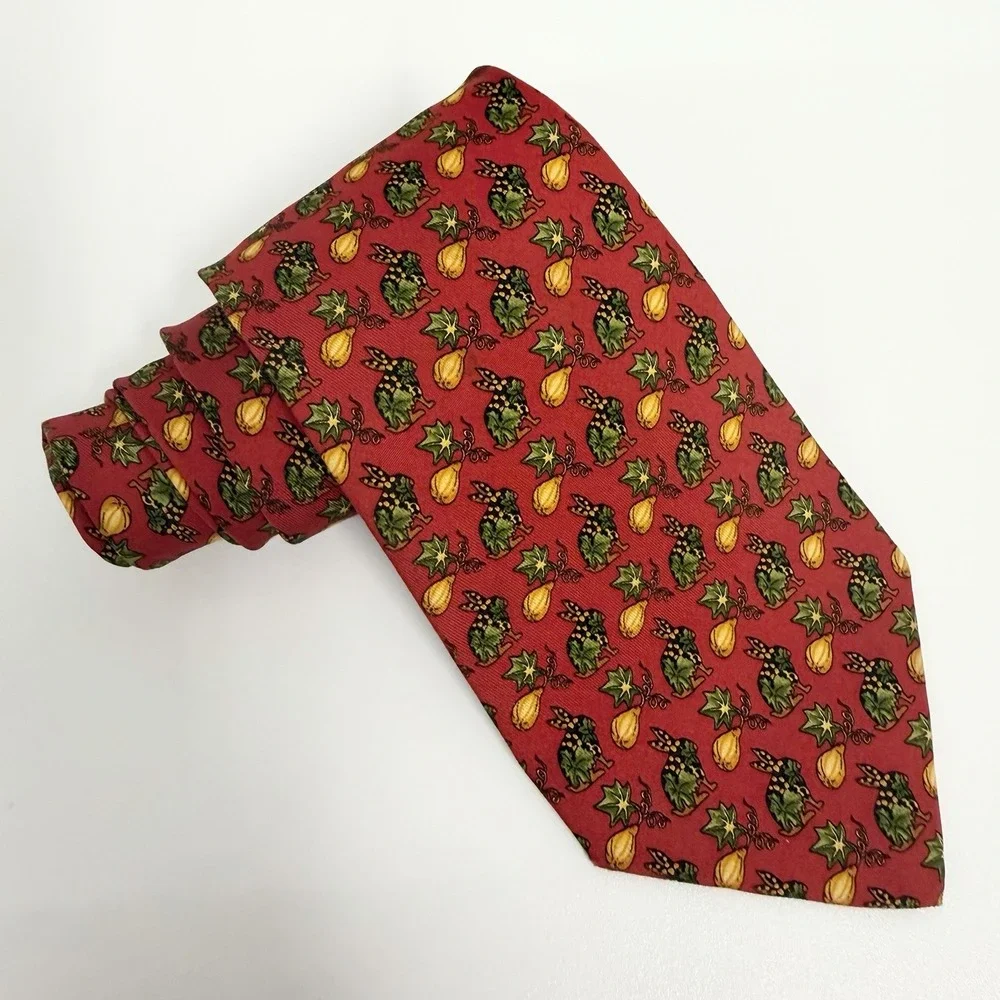 Salvatore Ferragamo Tie Rabbits & Pumpkins Autumn Leaves Red Silk 3 5/8